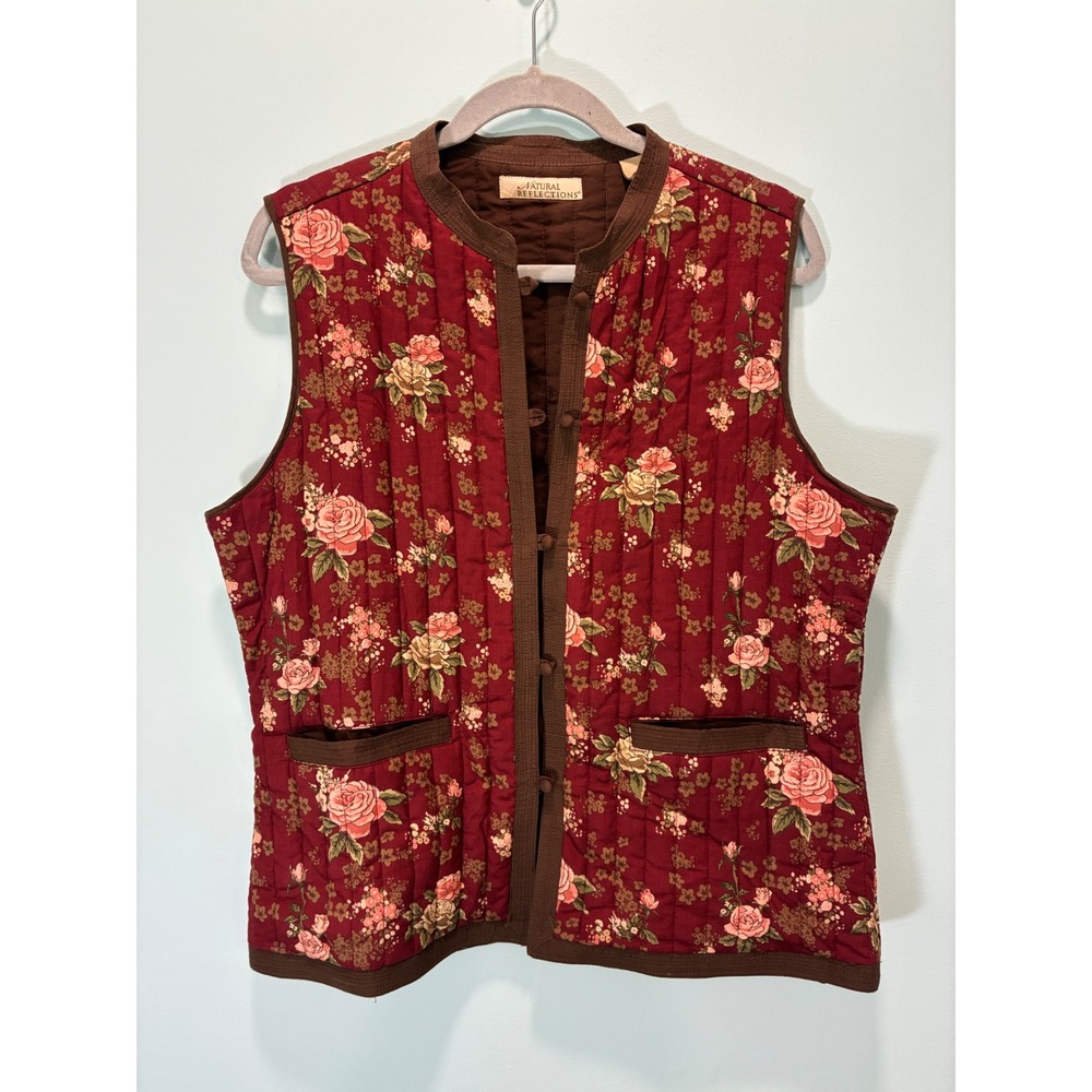 Natural Reflections Wine Floral Quilted Vest Women Large Cottagecore